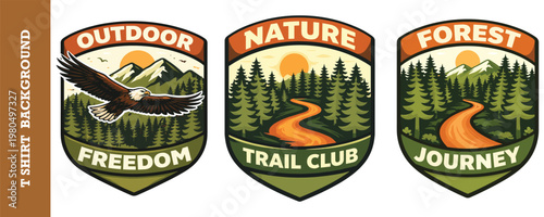 Outdoor freedom nature trail forest journey vector t-shirt background emblem.