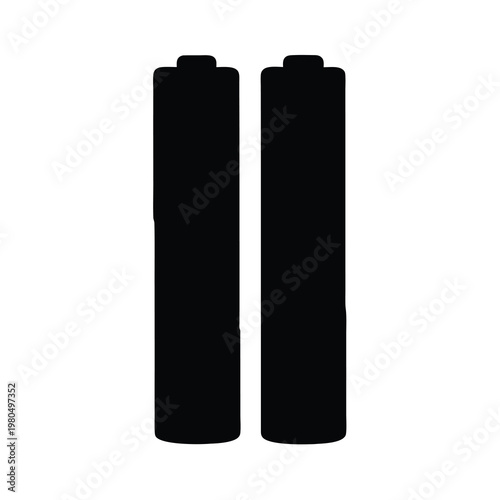 Two Black Cylindrical AA Batteries Standing Side by Side on a White Background