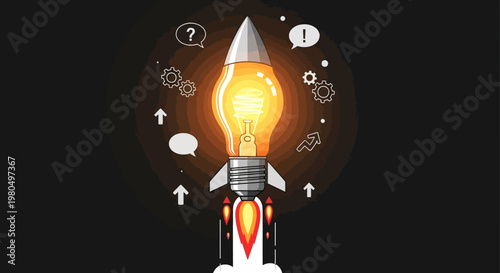 Light bulb rocket launching with flying ideas on dark background