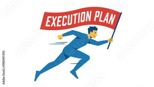 Running businessman with 'Execution Plan' flag, symbolizing strategic implementation, speed, and project success.