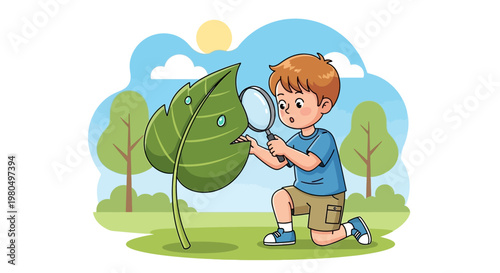 Little boy exploring nature examining large leaf with magnifying glass