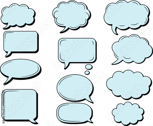 Collection of light blue comic speech bubbles talk