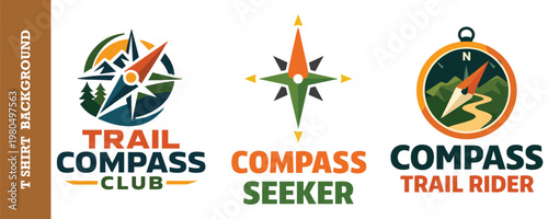 Set of adventure emblems for outdoor exploration with compass star and mountain graphics.