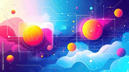 Abstract digital artwork, spheres, lines, and gradients on a dark blue background