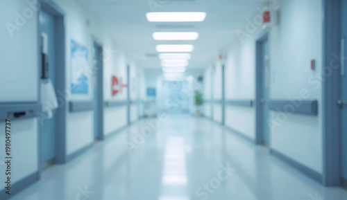 A clean, bright hospital corridor with shiny floors and fluorescent ceiling lights. Clear, calm, and sterile atmosphere with doors lining the walls.