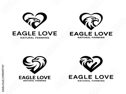 Four variations of an eagle head within a heart shape logo with text