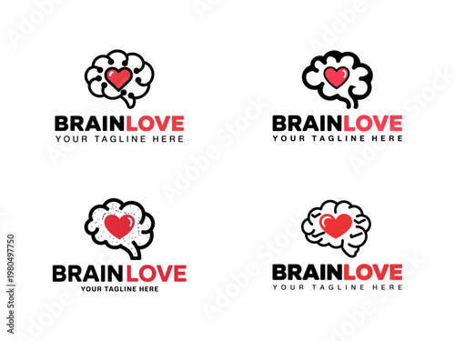 Brainlove logo variations featuring a brain shape with a red heart inside