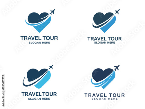 Travel tour logo designs featuring heart shapes airplanes and orbiting lines