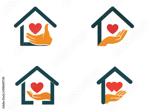 Four house icons displaying hearts and open hands symbolizing care and support