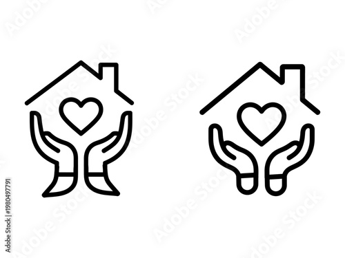 Two line art depictions of houses cradled within protective embracing hands