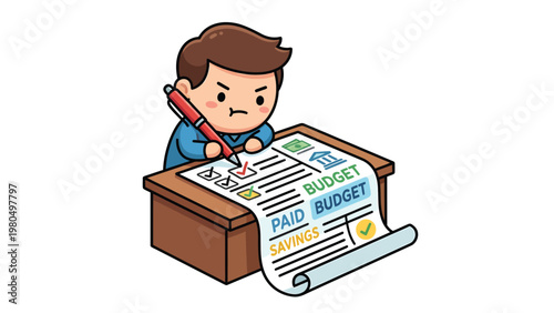 Cute cartoon character meticulously managing personal budget, tracking expenses and savings on a financial document scroll.