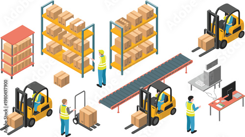 Isometric warehouse workflow with forklifts, conveyor system, and inventory management