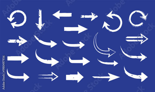 A collection of various white hand-drawn arrows featuring grunge textures, distressed edges, and sketchy brush strokes for directional design.