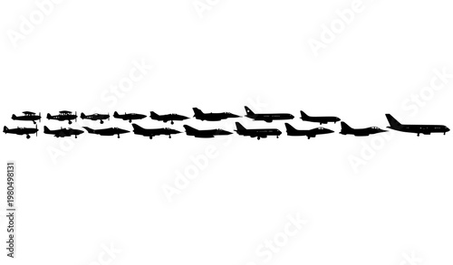 Aircraft evolution silhouette vector timeline aviation history vintage to jet planes