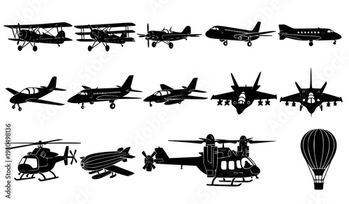 Aircraft silhouette icon set aviation collection vintage planes helicopters jets vector