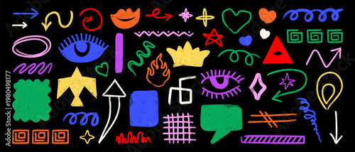 A collection of hand-drawn colorful doodle elements on a black background. Abstract sketch icons and shapes for graphic design projects. A set of creative arrows and signs.