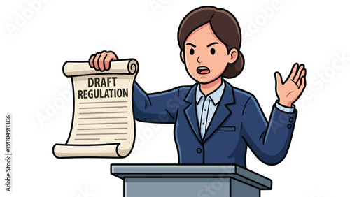 Stern businesswoman holds 'Draft Regulation' scroll at podium, making a passionate statement or protest