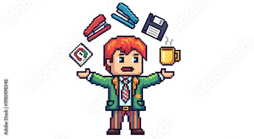 Pixel Art Office Worker Juggling Work Tasks and Coffee