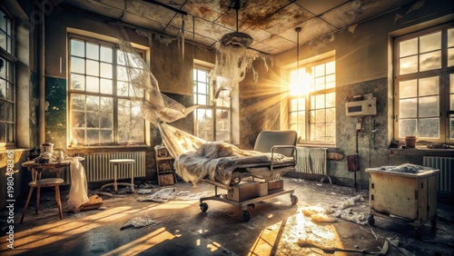 A photo of a wornout medical equipment, with cobwebs and dust accumulating on it, suggesting neglect and disuse The room is dimly lit, filled with t