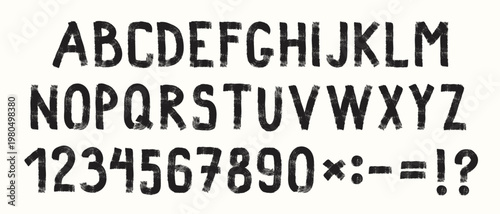 A set of handwritten letters and numbers with a black ink texture. Letters and numerals created with brushstrokes, suitable for typographic design. An alphabet for creative projects.