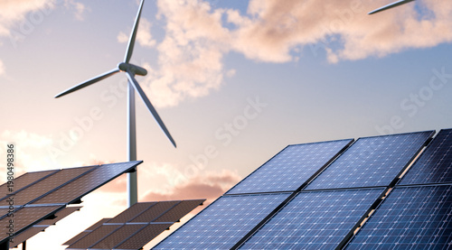wind turbine and solar panal farm at sunset time, renewable energy concept, 3d illustration renderning