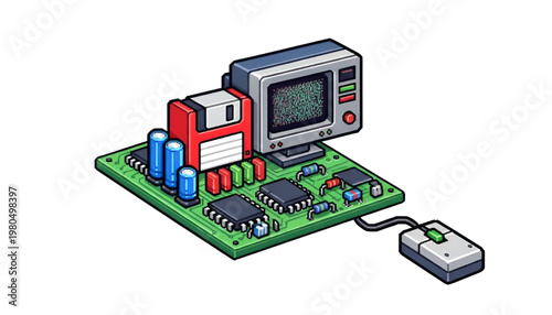 Retro Computer Circuit Board with Floppy Disk and Monitor Pixel Art