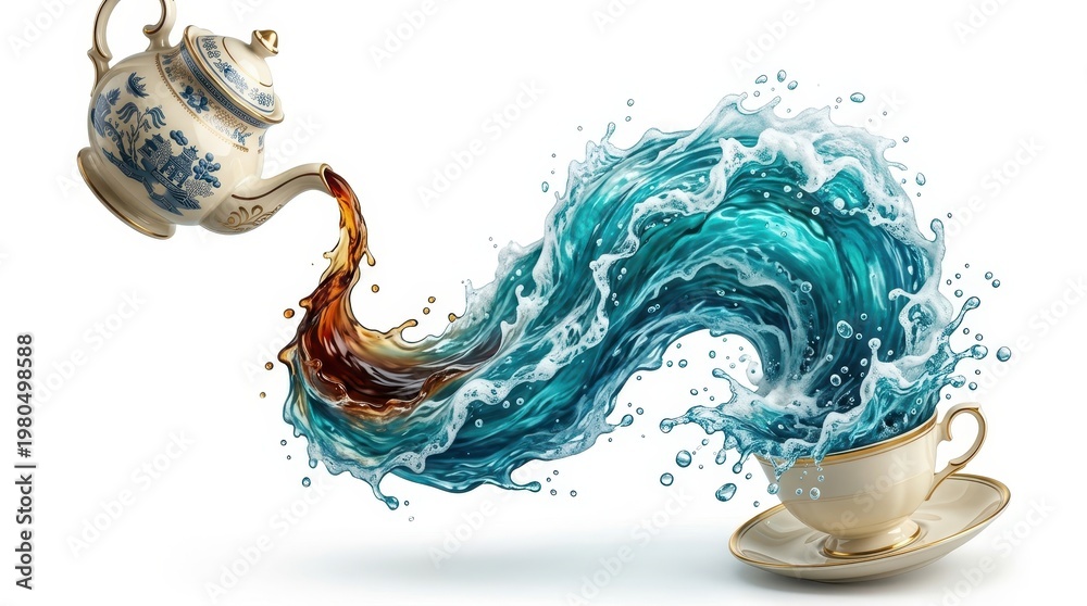 Fototapeta premium A teapot pours water into a cup, creating colorful waves that flow in a unique manner