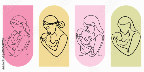 Mother and baby line art collection in pastel arches with nurturing affection together parenting maternal illustration minimalist creative abstract background collection.