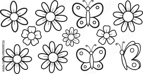 Flower coloring page with butterflies and sunshine for kids simple floral line art printable 