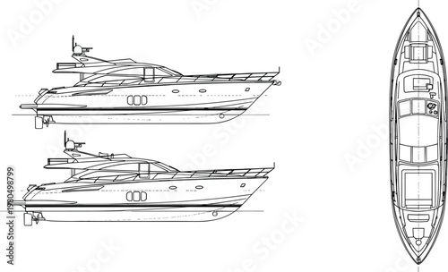 Yacht silhouette blueprint vector with side front and top views luxury motorboat technical drawing