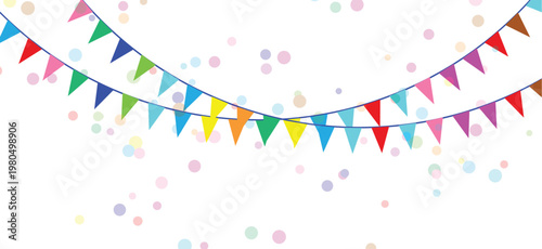 Colorful triangular bunting flags on transparent background with confetti, Festive decoration vector graphic