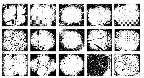 Stamp grunge squares icon set with distressed ink texture, scratches and bold black frames for retro design backgrounds