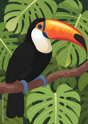 Toucan Perched on Tree Branch in Lush Jungle Foliage – Tropical Wildlife Illustration
