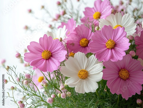 Pink and white cosmos flowers with yellow centers form a delicate bouquet. Great for greeting cards, invitations, and web design projects.