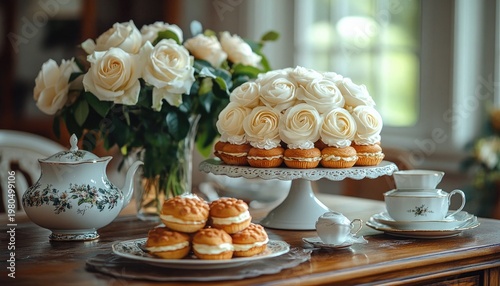 Vintage tea set, roses, cupcakes on the wooden table under natural lighting. Picture for event, tea party, afternoon break, celebration with elegant theme.