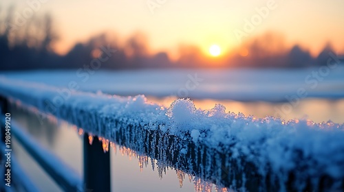 Icy grip of winter morning on a bridge overlooking a serene lake sunrise