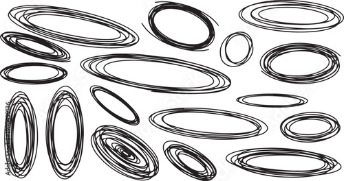 A collection of black hand-drawn oval scribbles, messy circular loops, and sketchy artistic borders isolated on a white background.