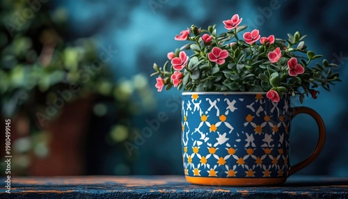 Small pink flowers in patterned mug, sits on rustic blue table. Use for blog posts, website headers, or spring promotional materials.