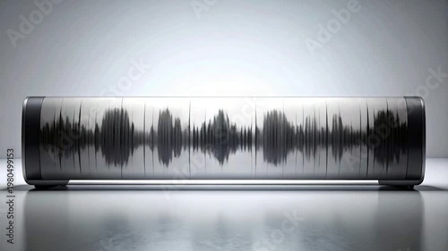 A cylindrical object displaying a soundwave graphic, against a light backdrop