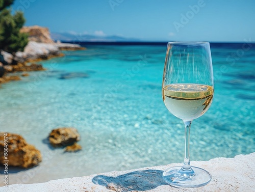 A glass of white wine sits on a ledge overlooking a turquoise ocean. Perfect for travel blogs, wine reviews, and tropical destination marketing.