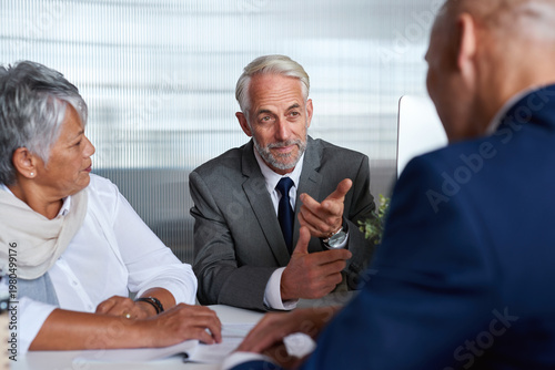 фотографія Talking, investor or business people in office, meeting for agreement or investment deal