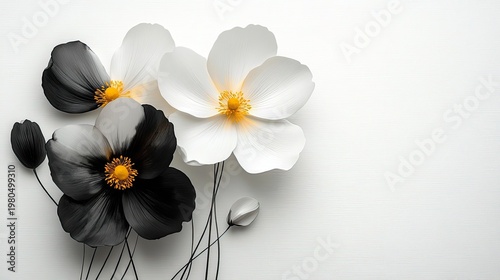 Floral image featuring white and black anemone flowers with yellow centers. Use for modern, stylish, elegant backgrounds, invitations, and web designs.