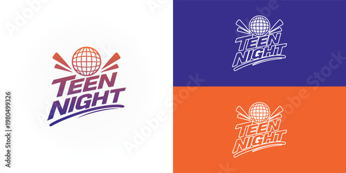 Bold lettering with a modern gradient, paired with a clean disco-ball outline, creates a youthful, energetic logo that reflects music, fun, and a vibrant teenage nightlife atmosphere.