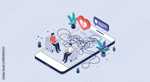 Isometric illustration of a man sitting on a smartphone screen talking to a therapist to represent digital mental health services.