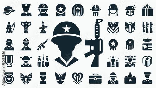 Military and Veterans Day Glyph Icon Set with Soldier, Helmet, Rifle, Medal, and Eagle Symbols for Armed Forces and Defense Illustration Collection