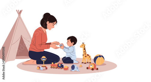 Loving mother playing with her young son among various toys on a rug in a bright room with a small play tent.