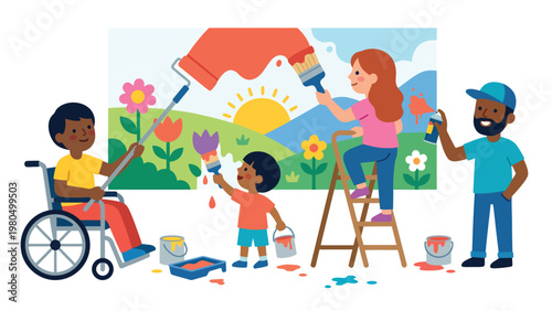 Diverse group of adults and children, including a person in a wheelchair, collaboratively painting a vibrant community mural. Teamwork and creativity.