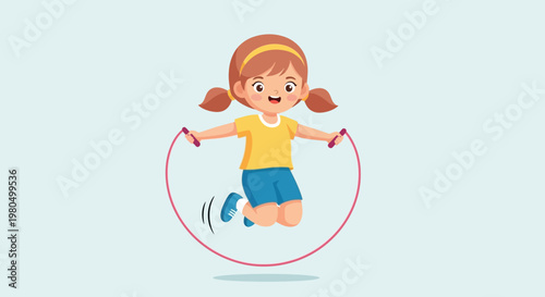 Happy little girl jumping rope alone during daytime play