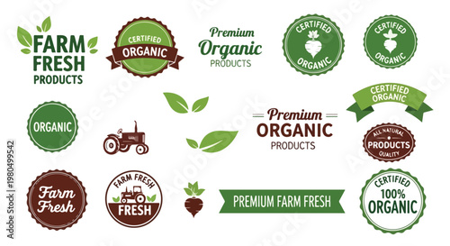 Organic farm fresh product labels, green and brown certified organic badge set, premium quality food stickers, agricultural vector icons with tractor