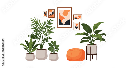 Beautiful indoor setting with various potted green plants, an orange ottoman, and abstract paintings on a white wall.